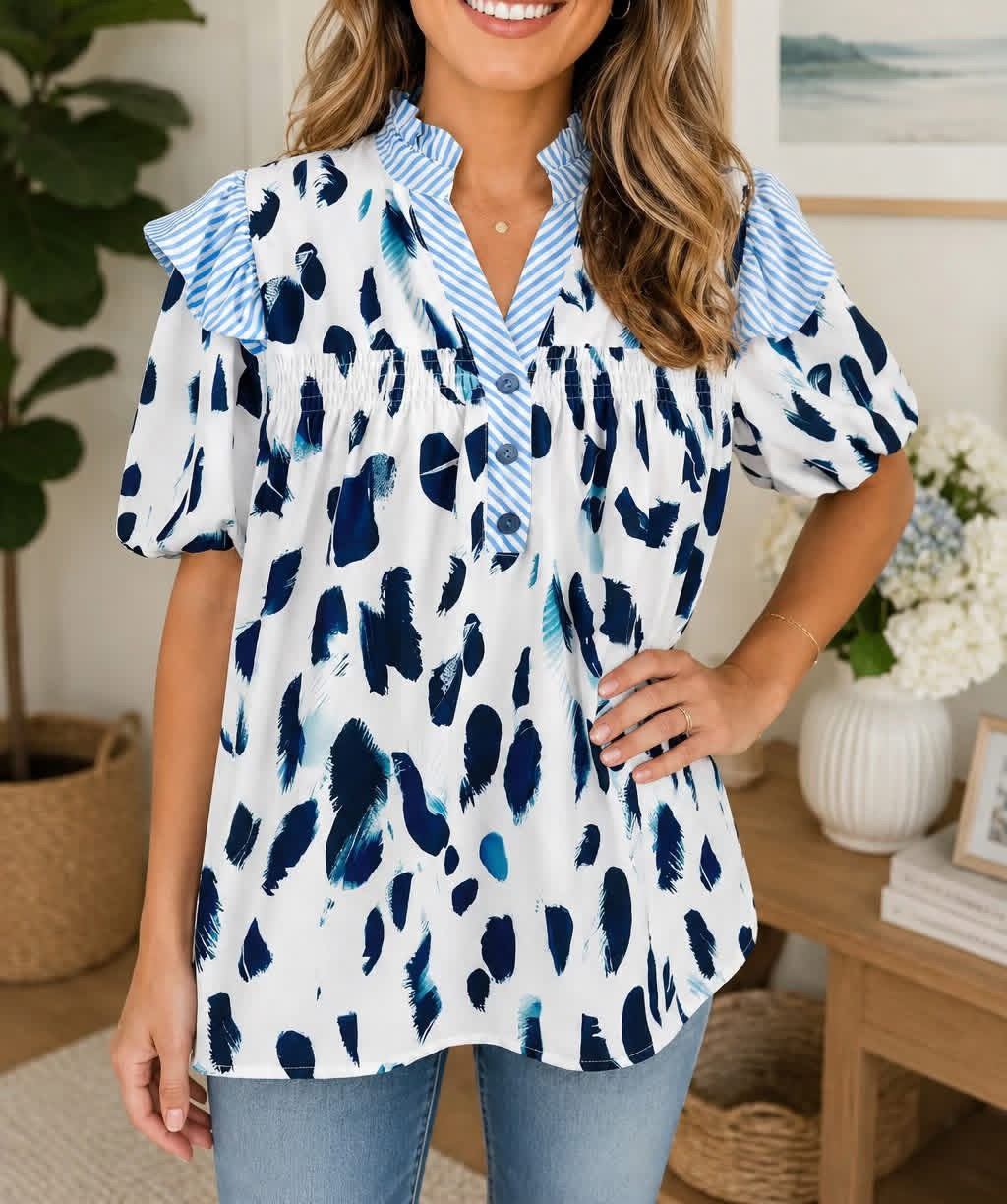 ANIMAL PRINT RUFFLE BLOUSE