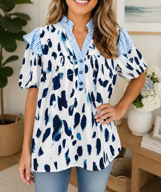 ANIMAL PRINT RUFFLE BLOUSE