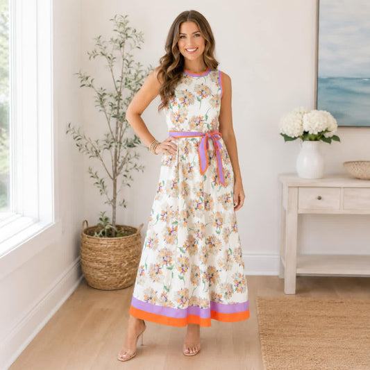 WHITE FLORAL BELTED MAXI DRESS