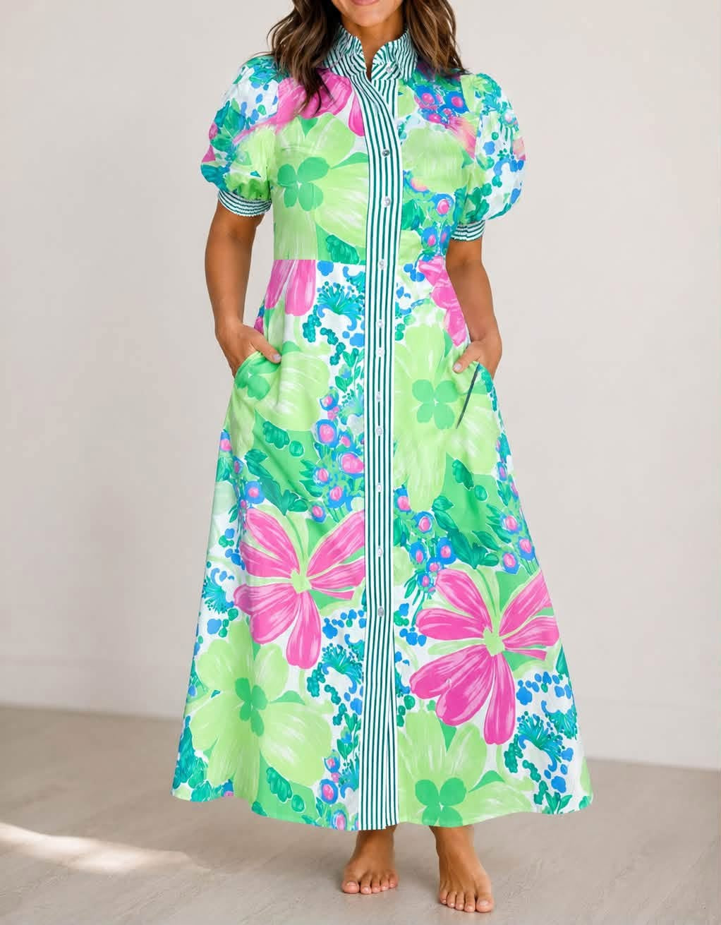 GREEN STRIPE FLORAL DRESS