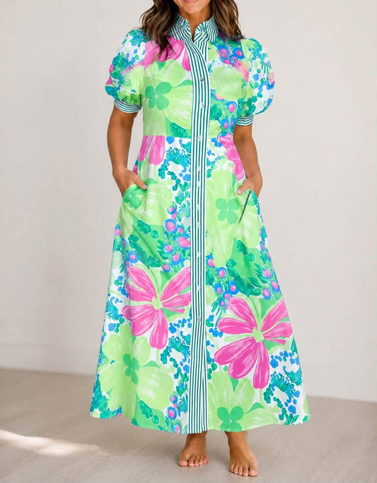 GREEN STRIPE FLORAL DRESS